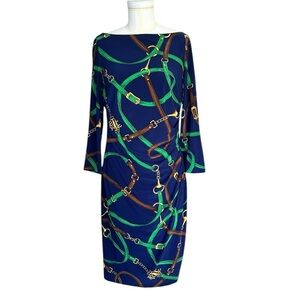 Lauren Ralph Lauren Side Ruched Horse Bit & Ribbon Print Dress Navy Blue Size 10